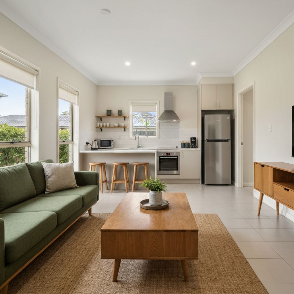 Bright shared lounge and kitchen at Grace Guest Rooms, Roma QLD